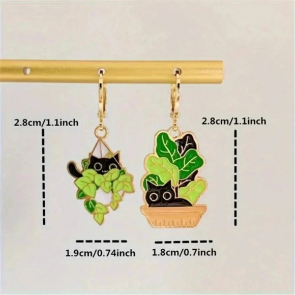 Cute black kitties hiding in green plant dangle drop earrings fun for cat lovers - Picture 4 of 5